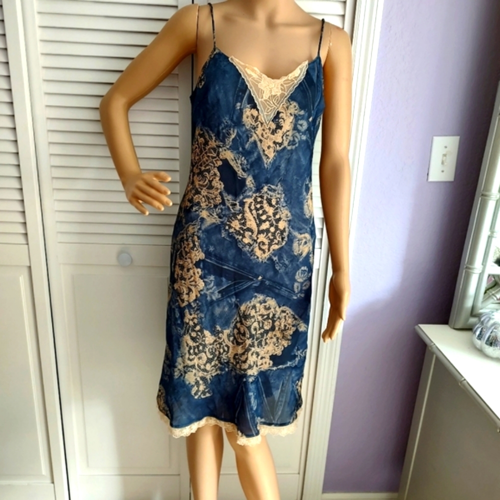 lDenim and lace print slip dress